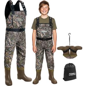 Foxelli Kids Chest Waders with Boots  Waterproof 4mm Neoprene Kids Waders for Fishing & Duck Hunting for Boys Girls Youth (6-7, Camo)