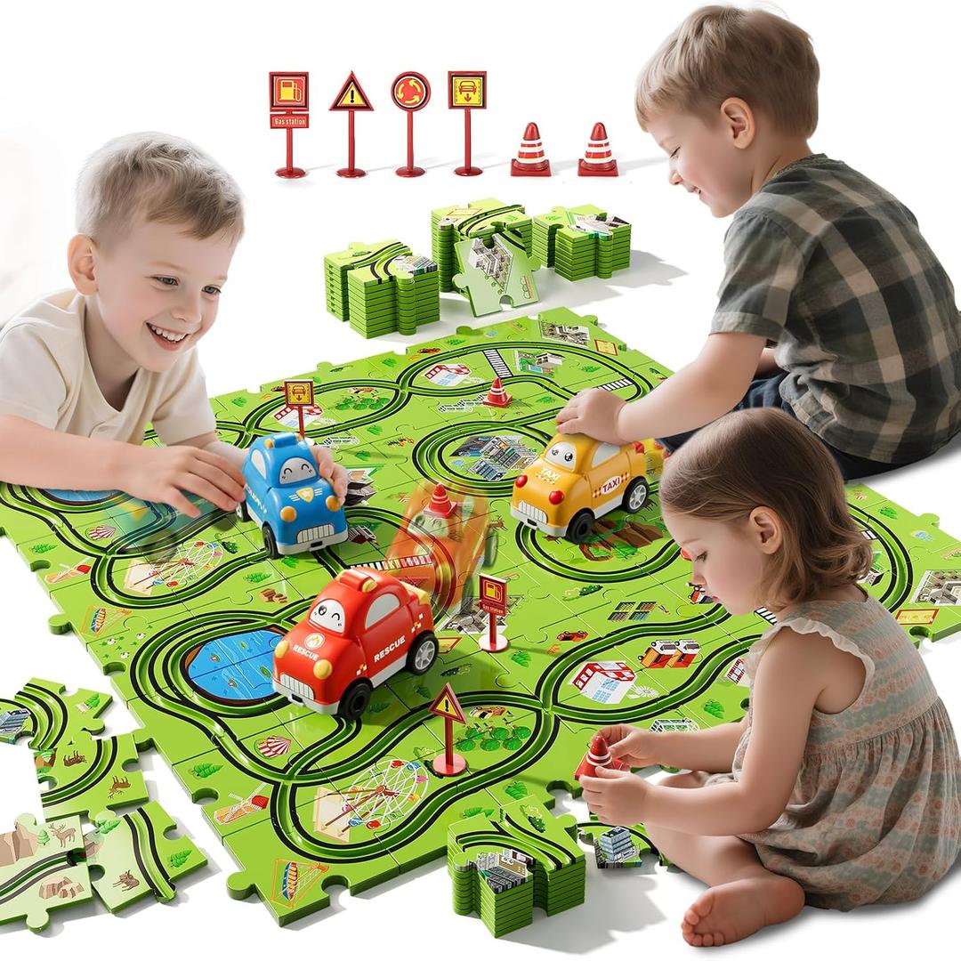 64-Piece Puzzle Race Car Track Set for Toddlers 1-3 | City-Themed Tracks, 3 Cars & Road Signs | Puzzle Car Tracks Toddler Toy Gifts for 2 3 4 5 6 Year Old Boys & Girls