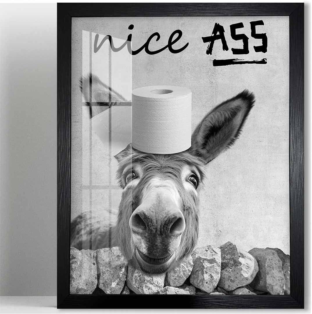 2 x Biufo Bathroom Wall Decor, Framed Nice Ass Funny Quotes Wall Art, Donkey Canvas Print Poster, Bathroom Restroom Decor (8"x10")