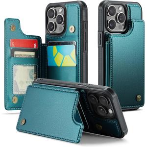 Compatible with iPhone 15 Pro 6.1" Wallet Case with Card Holder RFID Blocking for Women Men, Double Magnetic Clasp Kickstand Shockproof Phone Case Fit for iPhone 15 Pro, Bluish Green