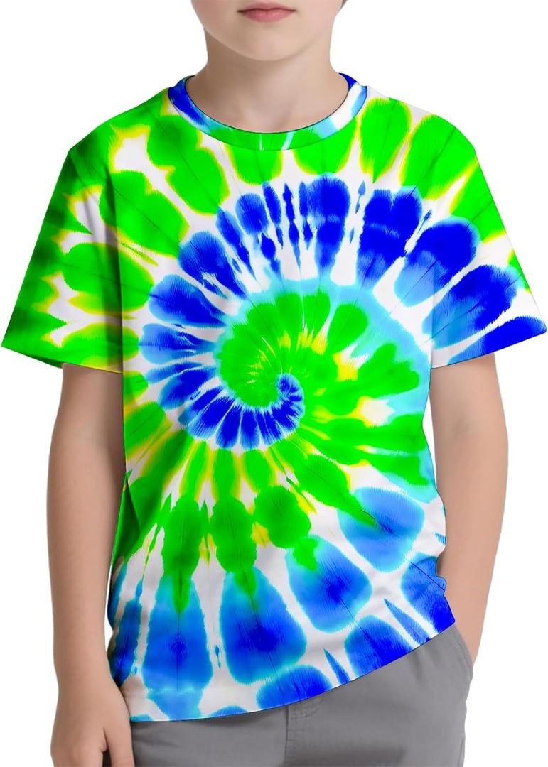 DMPROD Kids Tie Dye Shirt Size 6-18 Children Hippies Senior Short Sleeve Tees Tie-Dye T Shirt for Boys Girls (9-11 Years, Blue Green)
