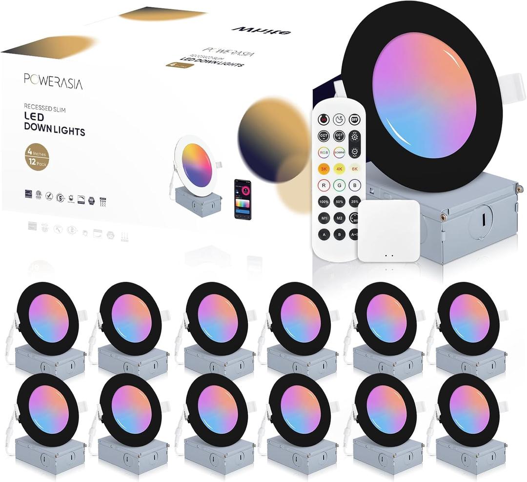 12 Pack Black Smart Recessed Lighting 4 Inch, Ultra-Thin 4 Inch LED Recessed Lights 9W 700LM Smart Downlight with Junction Box, Compatible with Alexa/Google Assistant and Siri - UL and Energy Star