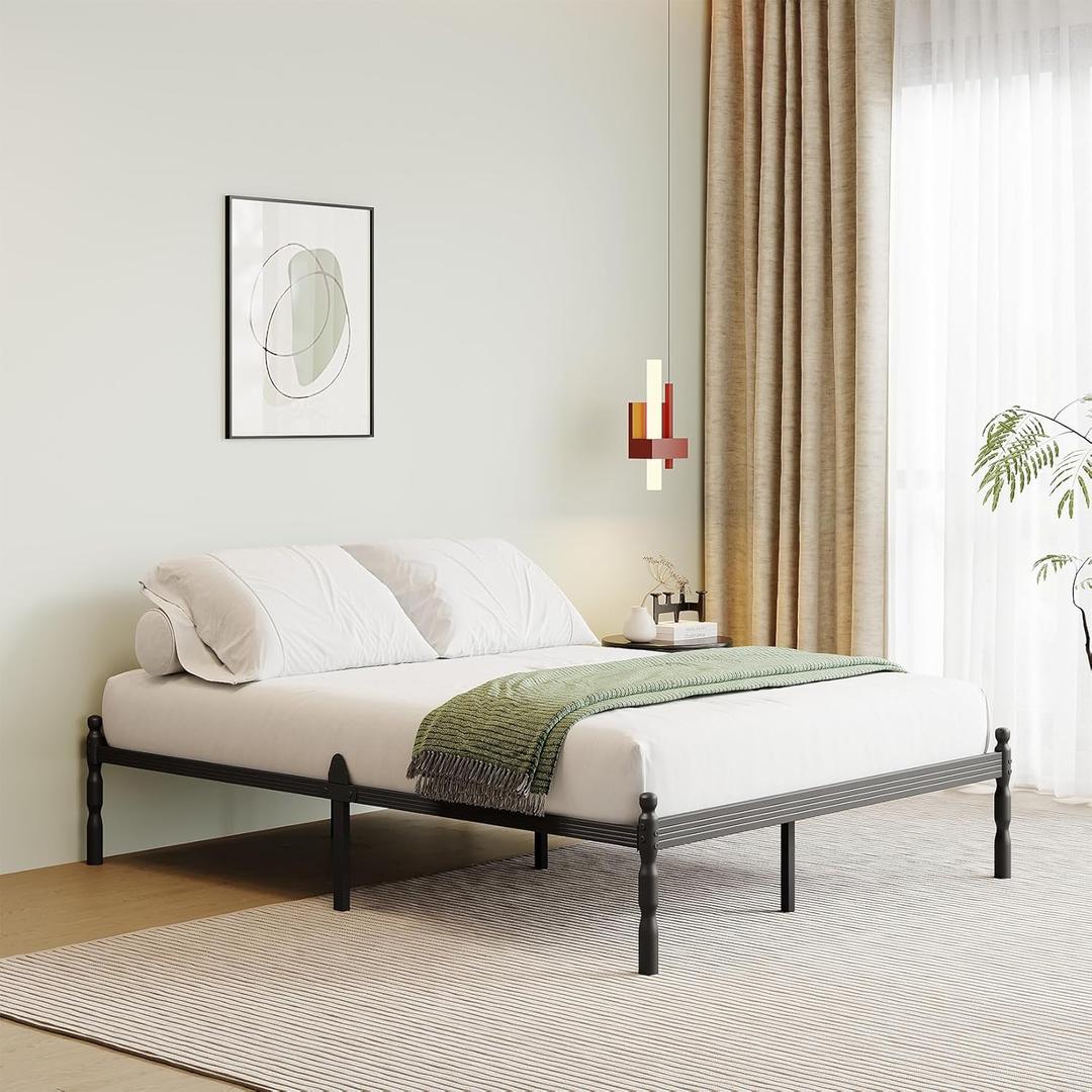 14 Inch High Metal Bed Frame Queen Size No Box Spring Needed, Platform Queen Bed Frame, Prevent Mattress Sliding, Easy to Install, Noise Free