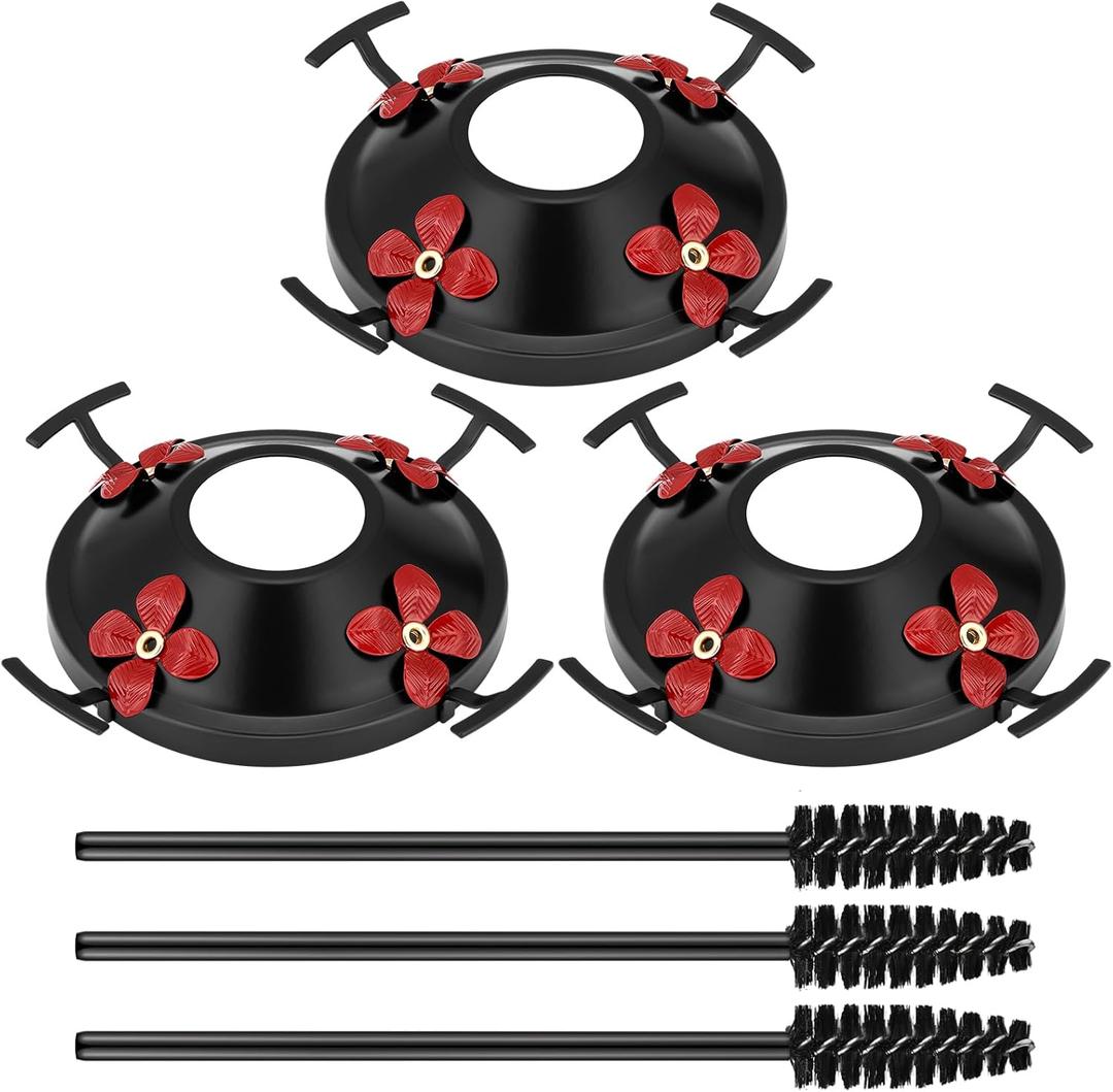 Geelin 3 Pack Hummingbird Feeder Bottom Base Replacement Parts Set Metal Top Hummingbird Feeder Accessories for Bird Feeders Base Metal Top Cover 4 Perches 4 Flower Ports and Brush Only(Black)