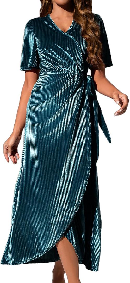 Women's Velvet V Neck Wrap Dress Ruffle Sleeve High Waist Maxi Dress, Christmas Party & Formal Wear (Medium, Teal)