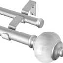 KAMANINA 1 Inch Silver Double Curtain Rods 72 to 144 Inches (6-12 Feet) Adjustable Heavy Duty Drapery Rod for Windows 66 to 120, Marble Ends