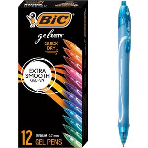 BIC Gelocity Quick Dry Assorted Colors Gel Pens, Medium Point (0.7mm), 12-Count Pack, Retractable Gel Pens With Comfortable Full Grip