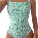 MakeMeChic Women's Floral Print Square Neck One Piece Swimsuit Ruched Bust Sleeveless Beach Cami Monokini Green Large