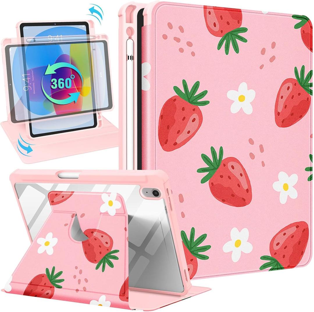for iPad A16 Case - for iPad 10th Generation Case 10.9 Inch Kids Girls Women Cute Strawberry Girly Pretty Kawaii Floral Rotating Stand Folio Tablet Cover for Apple 10/11 2025