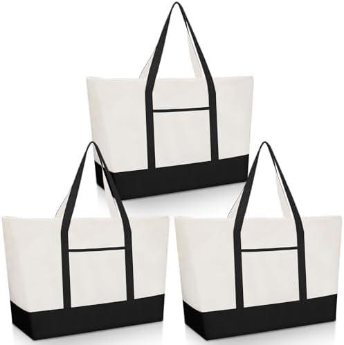 3 Pcs Extra Large Canvas Tote Bags with Zipper 28 Inch Big Canvas Grocery Bags Heavy Duty Wedding Beach Tote Bag with Outer Pocket Washable Shopping Bag for Travel DIY Craft (Black)