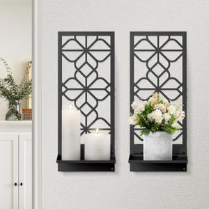Black Metal Wall Art Decor, Minimalist Retro Line Wall Candle Holder Set of 2, for Living Room, Dining Room, Bedroom, Bathroom (16.5 x 7 in)
