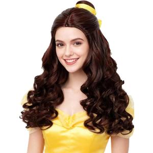 Half and Half Long Brown Curly Princess Wig with Bun + Yellow Ribbon + Wig Cap, 23.6'' Dark Brown Costume Wave Wigs for Women Halloween Party