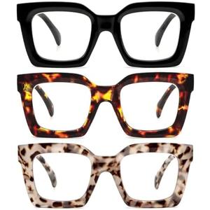 REAVEE 3 Pack Thick Frame Oversized Reading Glasses for Women Blue Light Blocking Computer stylish Readers with Spring Hinge