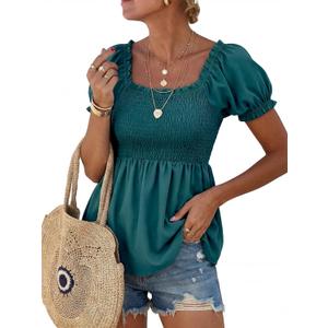 Womens 2025 Summer Puff Short Sleeve Babydoll Tops, New Blue Green (XXL)