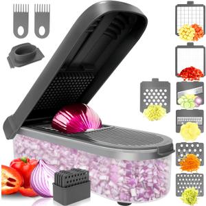 LHS Vegetable Chopper Multifunctional Food Chopper Onion Chopper Vegetable Slicer Dicer Cutter Potato Cutter Veggie Chopper with Container(10 in 1, Grey) (Gray)
