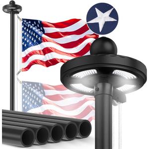 Heavy Duty Flag Pole Kit with 128 LED Solar Light, 20FT 12 Gauge Hardware Flagpole for Outside House in Ground, 3x5 USA Flag for Residential Commercial Outdoor, Extra Thick Flag Poles, Black