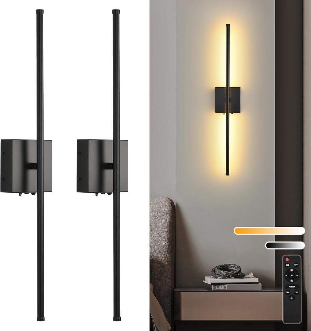 Battery Operated Wall Sconces with Remote Control, 11000mAh LED Wireless Rechargeable Black Wall Lights, 350Rotate Dimmable Wall Lamp, 3 Color Temperatures, for Bedroom, Living Room, Hallway, 2 PCS