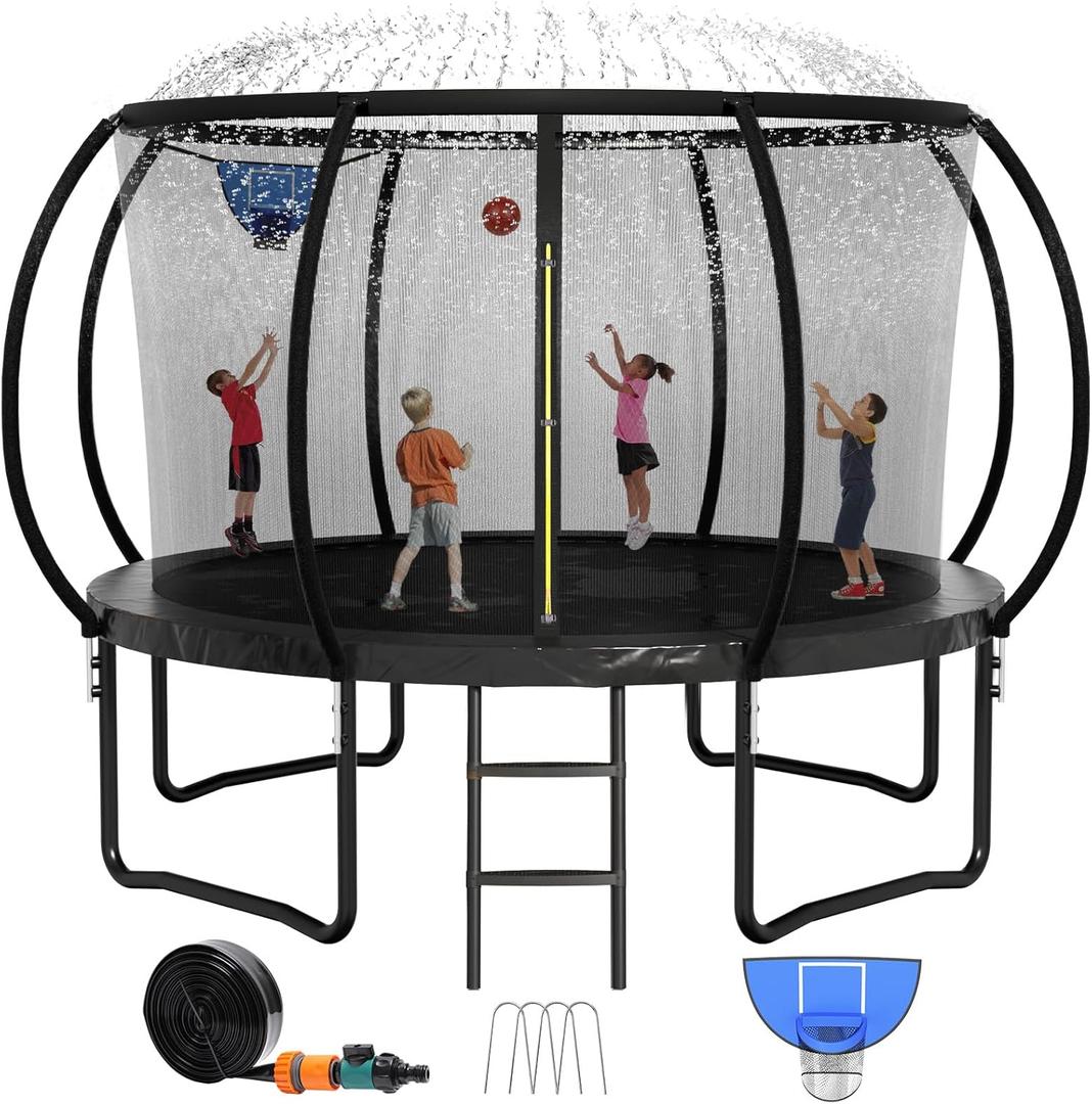 8FT 10FT 12FT 14FT 16FT Trampoline Outdoor, Trampolines for Kids & Adults, Pumpkin Trampolines with Safety Net, Ladder, Coating Metal Frame, ASTM Approved Large Backyard Trampoline for Kids (Black(with Sprinkler+Hoop+Stakes))