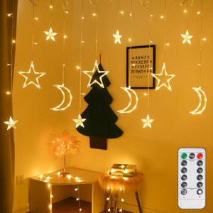Lemical Star Moon Curtain Lights 11.5ft Battery Powered Remote Control LED Fairy Light Strings,8 Flashing Modes Waterproof Decorative Lights for Christmas, Party, Bedroom Decorations(Warm White)