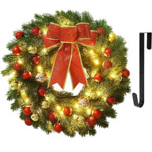 Juegoal 16 Inch Pre-Lit Christmas Wreath with Metal Hanger, Large Red Bow and Colored Balls, Battery Operated with Warm White 40 LEDs Lights, Front Door Spruce Lighted Wreath X-max Decorations