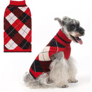 KOOLTAIL Dog Sweater Pet Knitted Clothes-Classic Plaid Pullover Turtleneck Red Fleece Dog Christmas Sweaters with Leash Hole, Thick Warm Dog Winter Clothes for Small Medium Large Dogs Cats Puppy, M-L