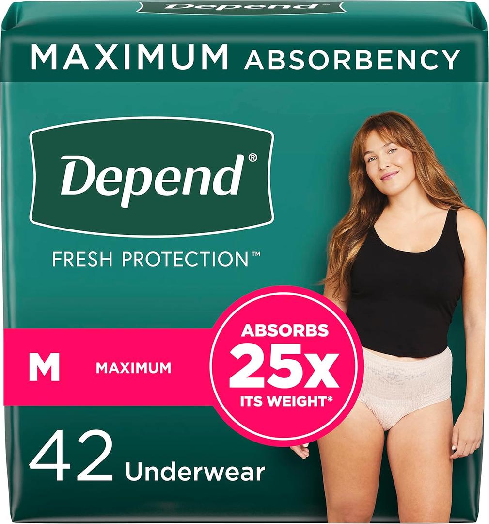 Depend Fresh Protection Adult Diapers, Incontinence & Postpartum Bladder Leak Underwear for Women, Disposable, Maximum, Medium, Blush, (1 Pack of 40), Packaging May Vary