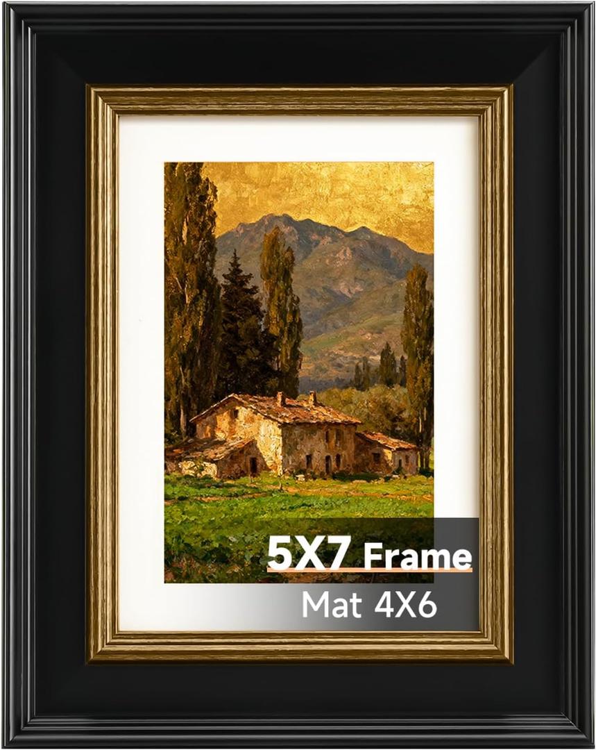 Splinterix 5x7 Black and Gold Picture Frame, 5 x 7 Vintage Frame with Real Glass, Display 4x6 Photo with Mat or 5x7 without Mat, Wall Hanging & Tabletop Ornate Poster Frames for Gallery Antique Dco
