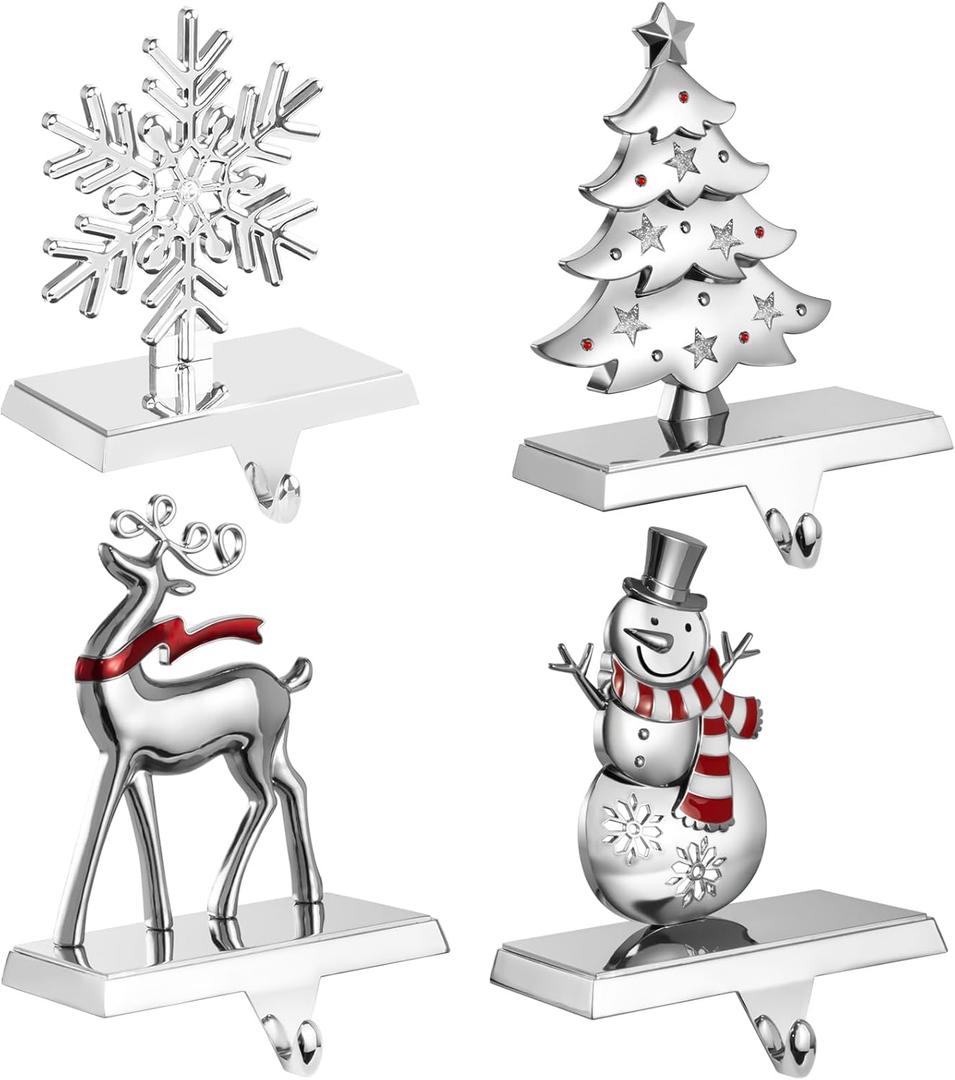 GUOER 4 Pack Snowflake Christmas Stocking Holder Set for Mantle Christmas Decorations Holiday Mantle Fireplace Topper - Snowflake Snowman Reindeer and Christmas Tree Hangers Decorative Metal Hanger