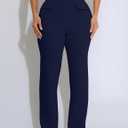 GOKATOSAU Women's Hight Waist Decorative Front Pocket Trousers Straight Wide Leg Long Flared Pants Navy (M)