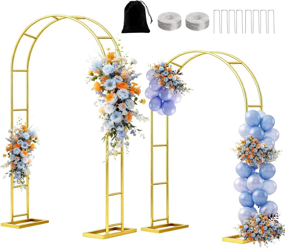 Metal Garden Arch Trellis Arbor Set of 2, 7.2FT+6FT Wedding Arch Stand with Steel Frame, Metal Pergola Arbor with Base for Decor Valentines Day Garden Trellis Climbing Plant, Bridal Party Ceremony (Bright Gold)