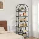 Homhedy Bookshelf Arched Display Racks,Metal Bookcase,Tempered Glass Shelves,Storage Rack Shelf for Home Office,Living Room,Bedroom, Bathroom,Modern Style (Black, 11.8" D x 23.6" W x 73.6" H)