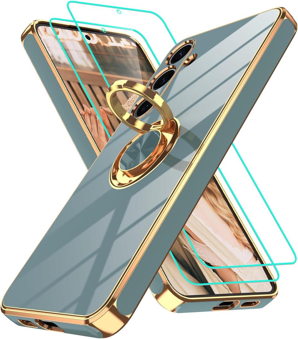Gritup for Samsung Galaxy S24 Case: with 2Pcs Screen Protector, 360 Rotation Ring Holder Magnetic Kickstand Plating Gold Edge Soft TPU Shockproof Protective Cover for S24, Gray