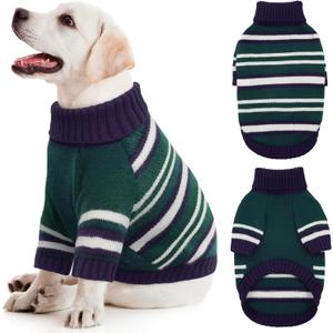 Kuoser Dog Sweater, Warm Dog Sweaters for Medium Dogs, Turtleneck Thick Medium Dog Sweater Christmas Outfit, Pet Winter Clothes Doggie Knitwear Girl Boy for Holiday Thanksgiving, Green & Navy Strips M (Medium (Chest: 17.32"))
