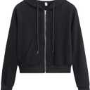 Women's Cropped Zip Up Hoodie Casual Long Sleeve Workout Hooded Sweatshirt Coat (Medium, Black)