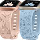 2 Packs Cartoon Engraved Band Compatible with Apple Watch Band 38/40/41/42/ 44/45/ 46/49mm Women, Cute Designer Soft Silicone Strap for iWatch Series 11 10 9 8 7 6 5 4 3 SE/Ultra 3 2 1 (Pink & Baby Blue)