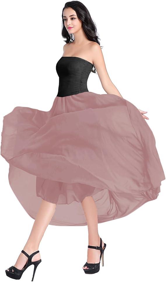 v28 Women Full/Ankle Length Elastic Pleated Retro Maxi Chiffon Long Skirt (XL, Pink)
