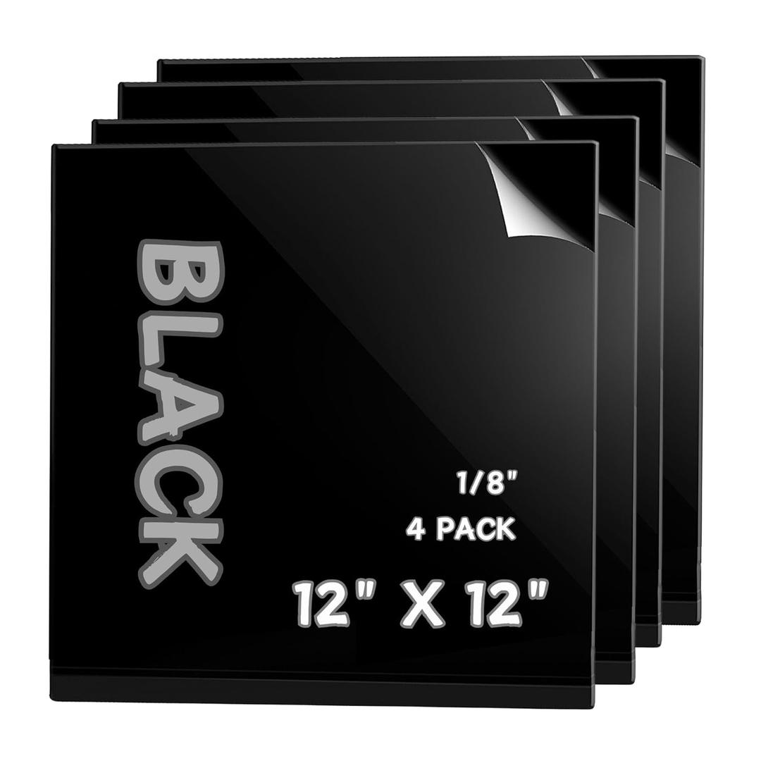 Black Acrylic Sheets 12" x 12", 1/8" Thick, 4-Pack