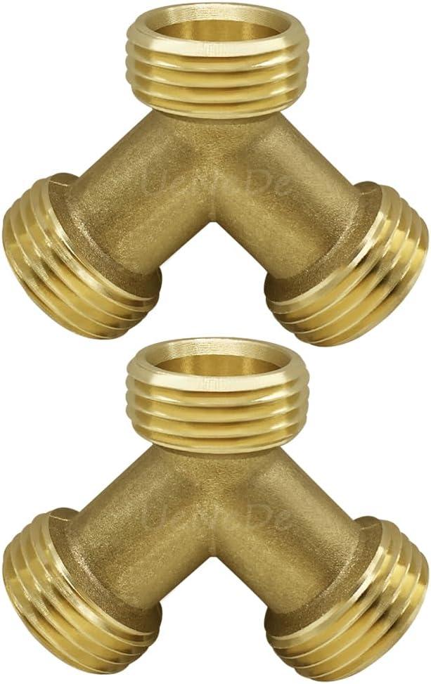 Uenede 2PCS Garden Hose Splitter Brass 3/4" GHT Male Thread Heavy Duty 2 Way Y Connector Garden Hose Adapter for Backyard Water Tap, Outlet, & Spigot