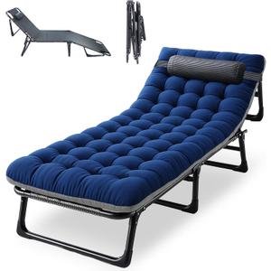 Oxford and Steel Frame 4-Angle Adjustable Foldable Bed Folding Camping Cot Bed with Extra Wide Padded Mattress Support for Adults Outdoor Travel Tent Use(Blue&Gray Mattress,L - 75 * 26'')