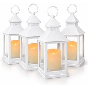 White Lanterns Decorative Set of 4 with LED Flameless Candles Indoor Outdoor Lantern Decor with 4 Hour Timer Hanging or Tabletop Patio Porch Wedding Centerpiece 9 3/8" H