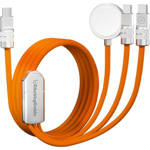 chubbycable Tri-Flex 3 in 1 USB C Cable for Apple Watch Charger Silicone 100W Multi Charging Cable Fast Charge Compatible with iPhone 17-15 Series iWatch iPad MacBook, 4.1FT, Orange
