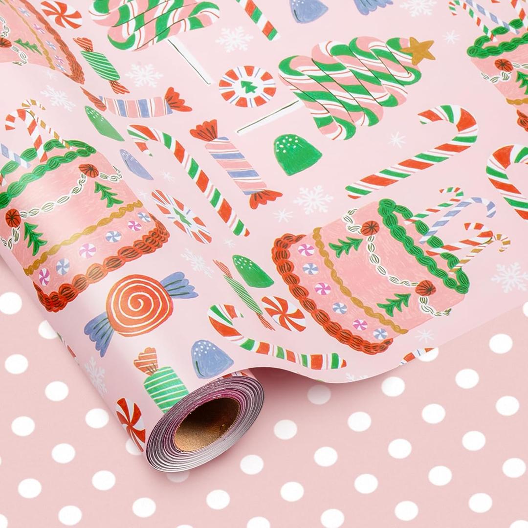 MAYPLUSS Christmas Wrapping Paper Roll - 17 In x 33 Feet - Cute Pink Christmas Candy Cane Cake Reversible Polka Dot Gift Wrap Paper for New Year, Holiday, Kids