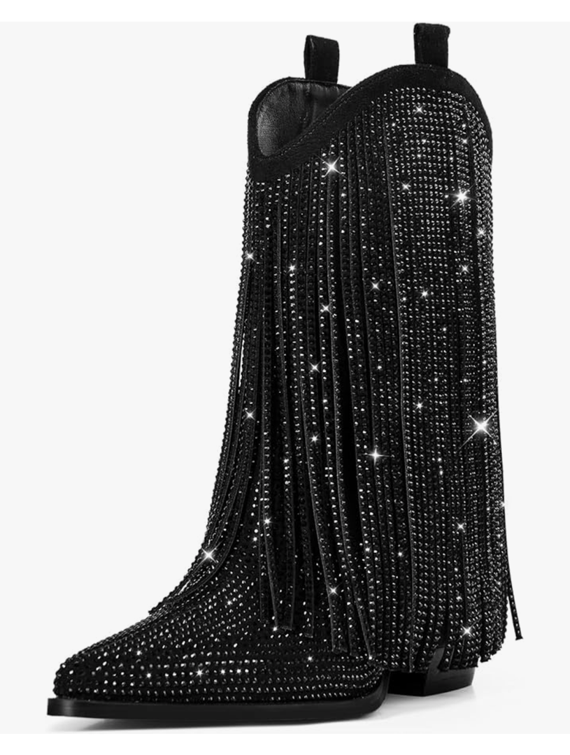 Ouepiano Cowboy Boots for Women - Cowgirl Rhinestone Boots with Sparkly Fringe Pointed Toe Western Boot Chunky Heel Pull-On Wide Calf Botas Vaqueras, Size 9,5