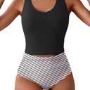 Eomenie Two Piece Tankini Swimsuits for Women Tummy Control Bathing Suits Cutout Back Swim Tank Top with High Waisted Bottom (XX-Large, Black Stripes)