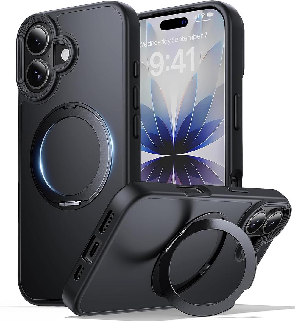 for iPhone 17 Case with Stand Black, Fits MagSafe Ring, Military-Grade Drop Protection, Build in Kickstand,Slim Matte Finish Shockproof Phone Cover 6.3"