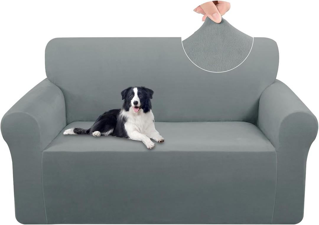 U-NICE HOME Velvet Loveseat Sofa Covers Stretch Couch Cover Furniture Protector Sofa Slipcover for Dogs (Medium, Light Grey)