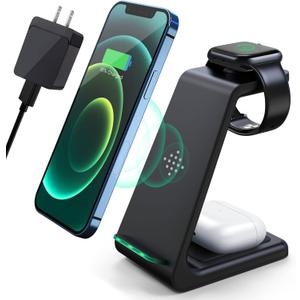 3 in 1 Wireless Charging Station, 2025 Upgraded Fast Desk Charger Station for iPhone 16 15 14 13 12 Pro Max Plus, Charger Stand for Apple Watch 10 9 8 7 6 5 4 3 2 SE, Airpods 4 3 2 Pro(Black) (B-Black)