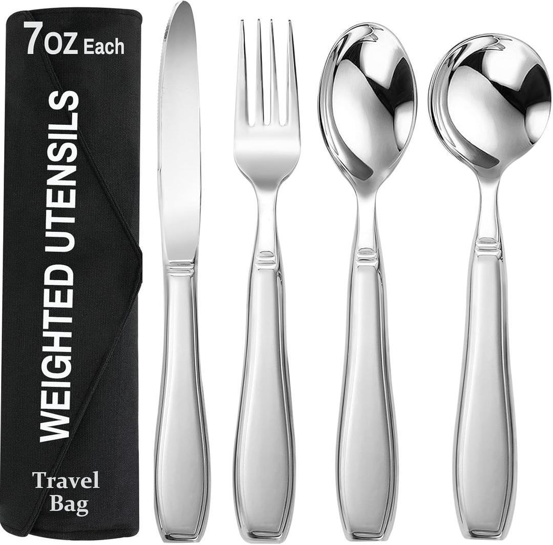 Weighted Utensils for Hand Tremors and Parkinson's Patients - 4 Piece Set of Heavy Stainless Steel Silverware for Elderly, Arthritis, Weak Hand Grip - Includes Knife,Fork,Spoons with Travel Bag,7 Oz