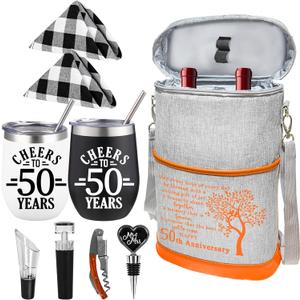 50th Anniversary Wine Cooler Bag Gift for Couples Valentines Day, 50th Anniversary Wedding Gifts for Parents, Friend Her Him, 50 Years Mr. & Mrs Insulated Wine Cooler Tote Tumbler and Wine Accessories