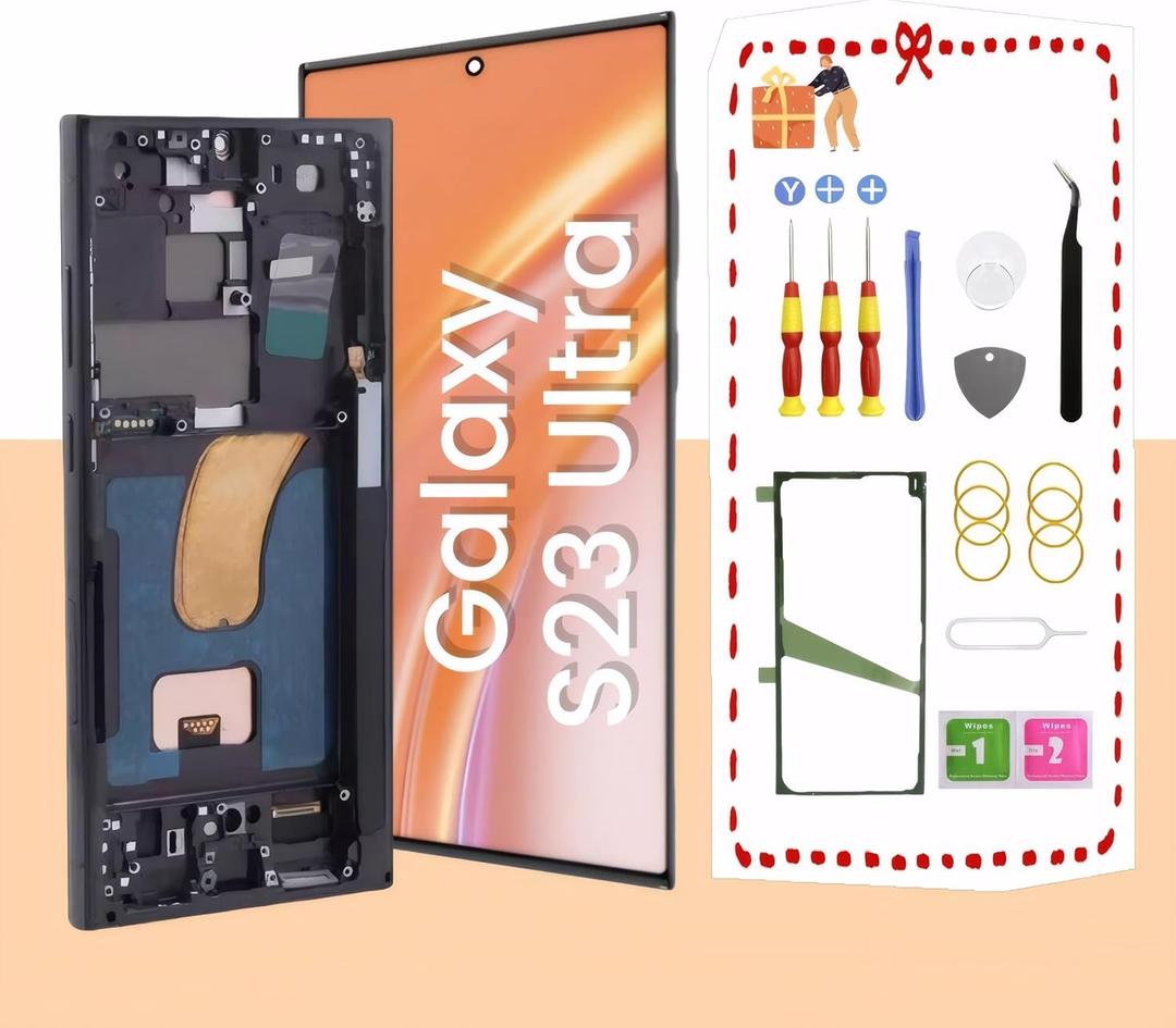 TFT for Samsung Galaxy S23 Ultra 5G LCD Display Screen Assembly Replacement for Samsung S23 Ultra Touch Digitizer Screen with Frame Toolkits S918U S918A US Version No Fingerprint